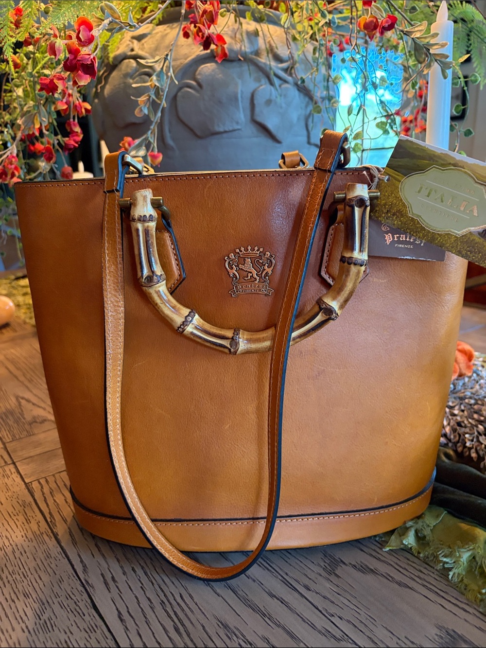 Pratesi Firenze Italian Leather Tote with Bamboo Accent Handles NWT - Picture 2 of 7
